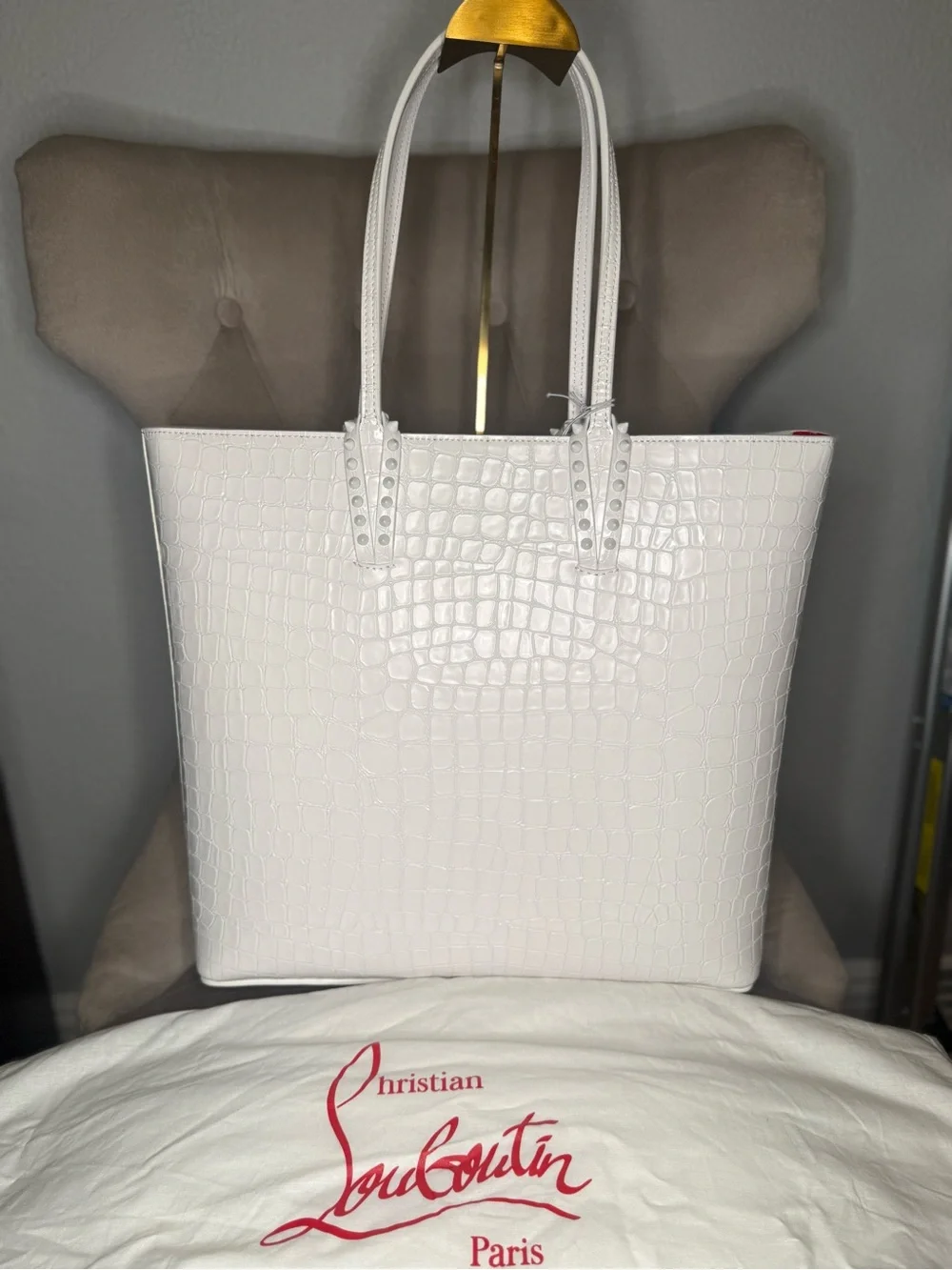 Christian Louboutin White Croc-Embossed Leather Tote